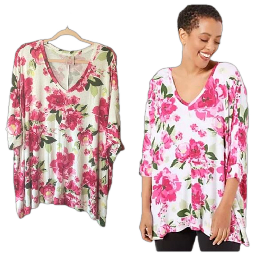Laurie Felt Women's Floral Modal Knit V Neck Pullover Short Sleeve Tunic Size XL